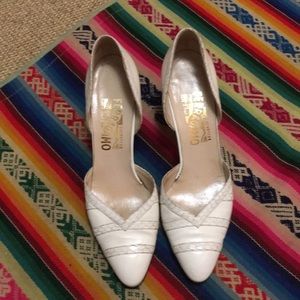 Vintage Ferragamo white leather & snakeskin heels